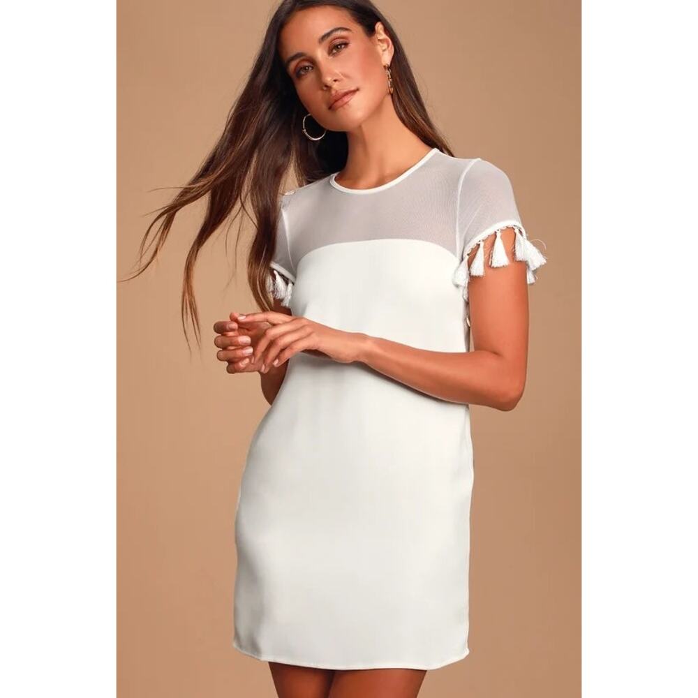 Lulus Womens size Small Iced Latte White Shift Dress Tassel Sheer Mesh ad02358
